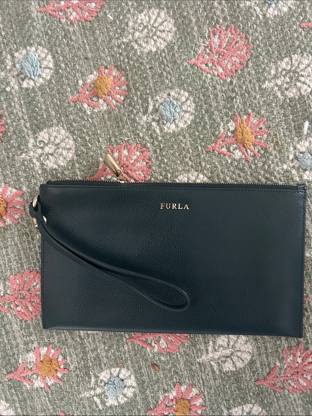 Furla Dark Green Leather Wristlet with Gold Logo